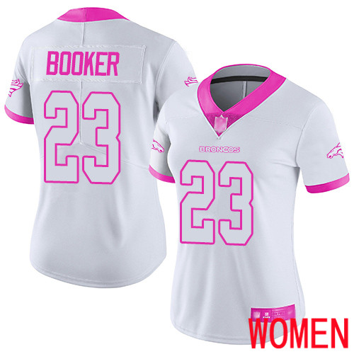 Women Denver Broncos #23 Devontae Booker Limited White Pink Rush Fashion Football NFL Jersey